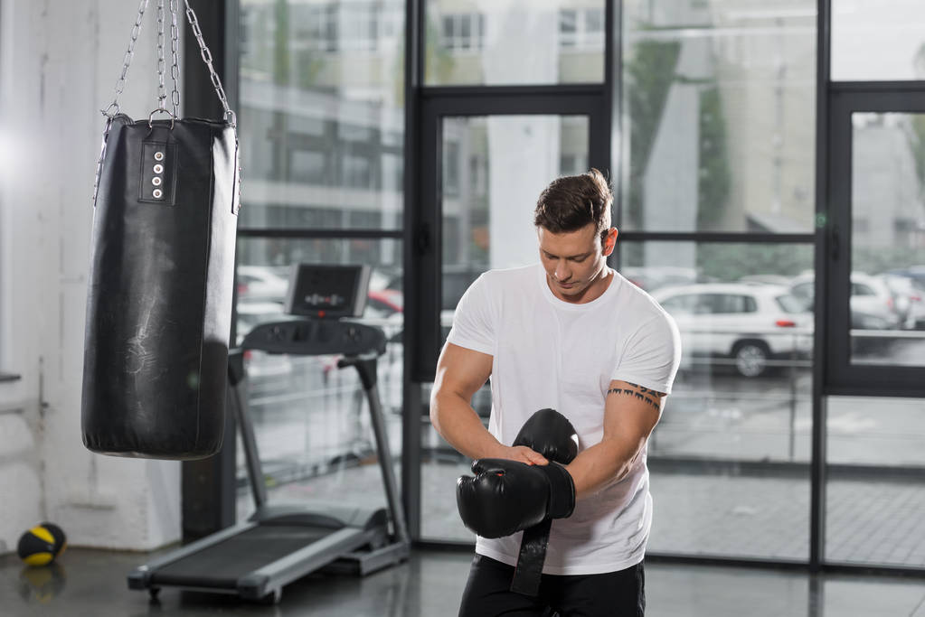 guapo boxeador muscular usando guantes de boxeo en el gimnasio
 - Foto, imagen