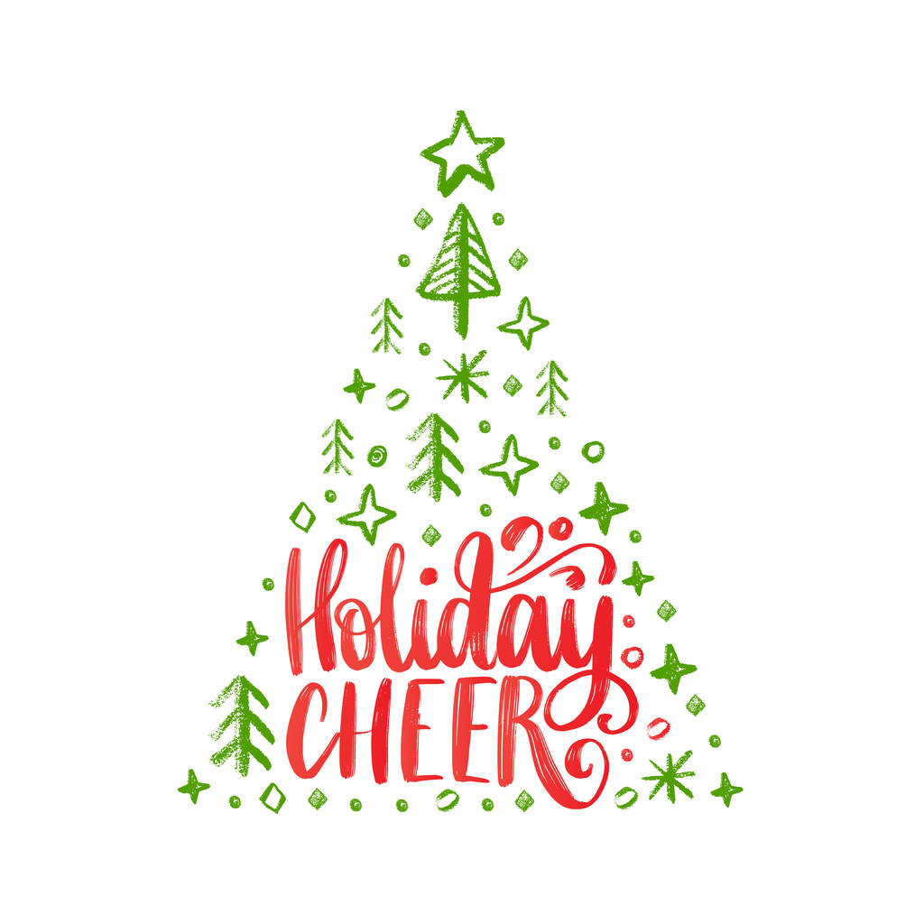 Handwritten phrase Holidays Cheer. Vector Christmas spruce illustration on white background. - Vector, Image