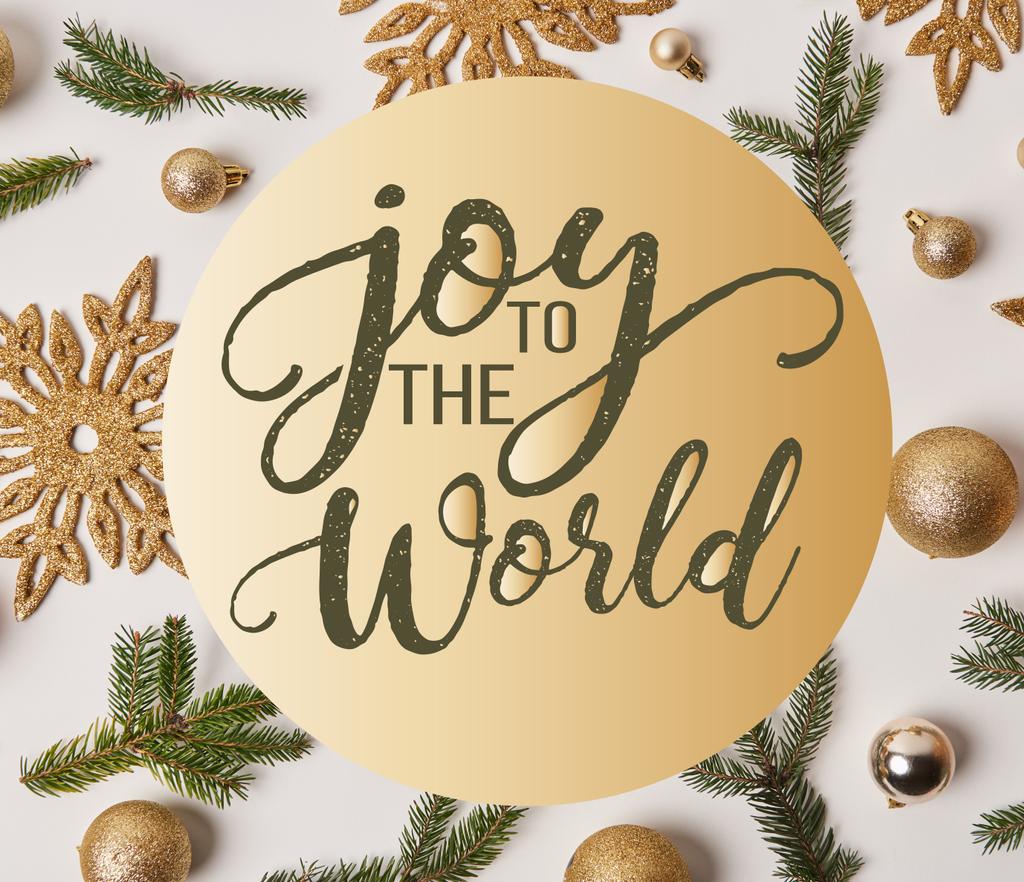 κάτοψη του golden Χριστουγεννιάτικη διακόσμηση σε λευκό με έμπνευση «χαρά στον κόσμο» - Φωτογραφία, εικόνα