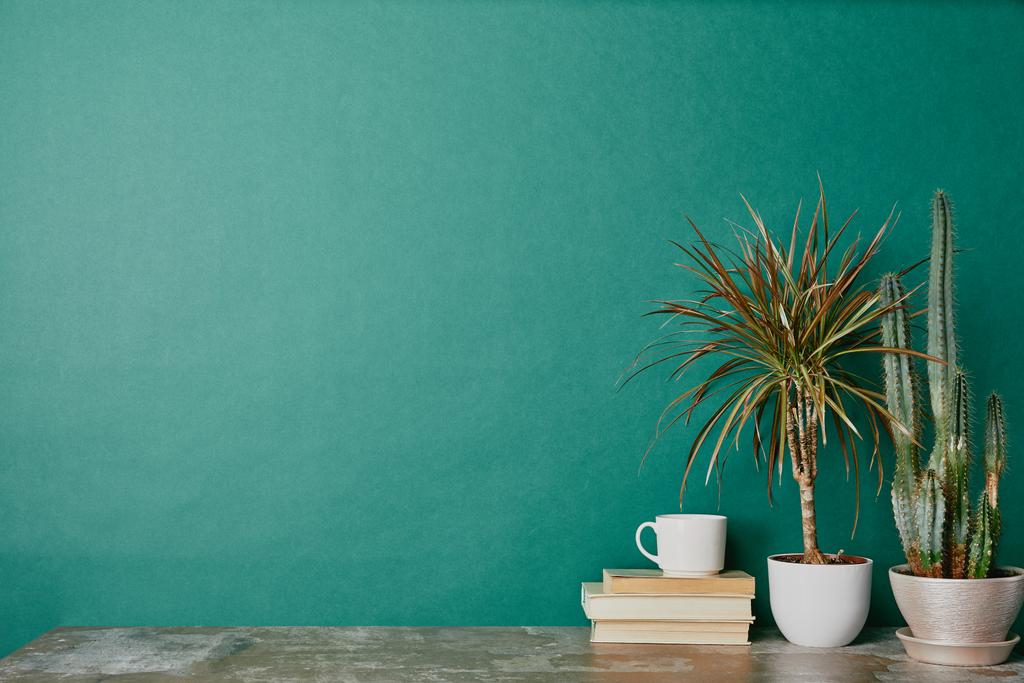 Kopje koffie op boeken en planten in bloempotten op groene achtergrond - Foto, afbeelding