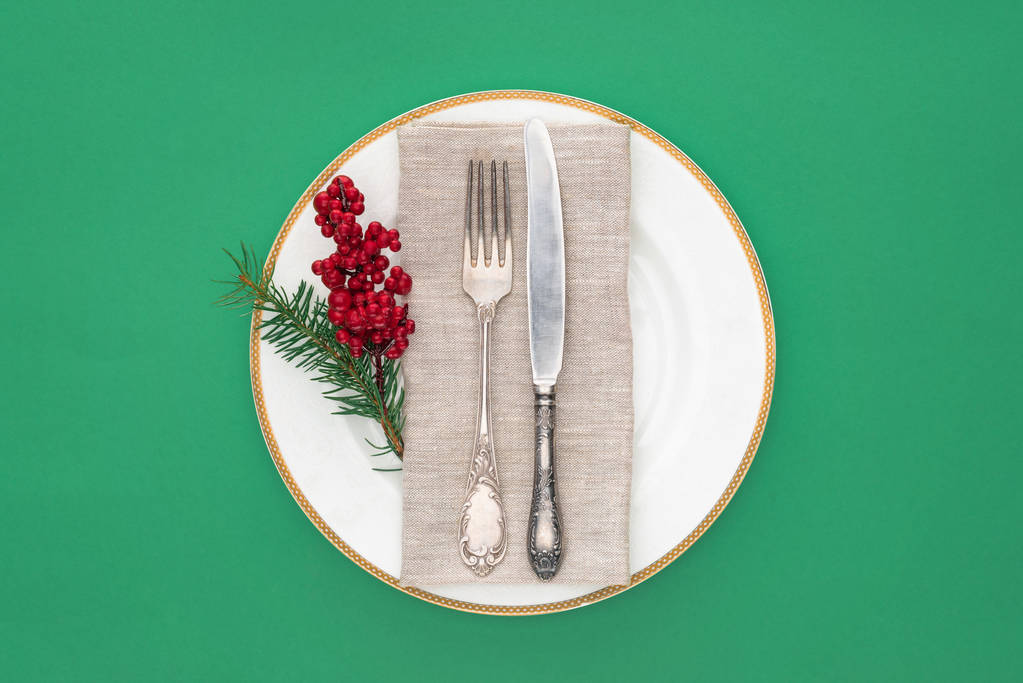 vista dall'alto del piatto con forchetta, coltello, ramo sempreverde e bacche rosse su piatto isolato su verde
  - Foto, immagini