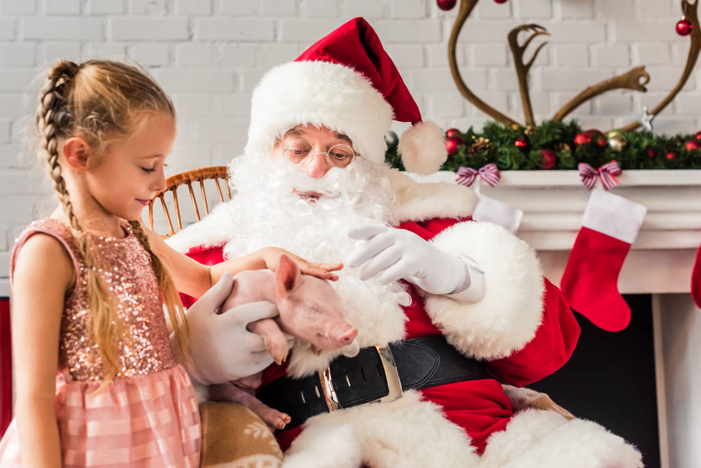 Санта Клаус і мила маленька дитина грає з поросям
 - Фото, зображення