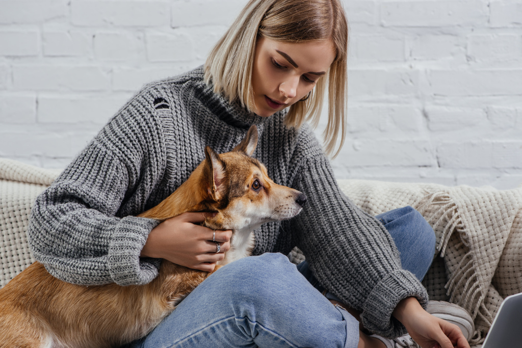 schöne junge Frau sitzt auf dem Sofa und hält pembroke walisischen Corgi Hund - Foto, Bild