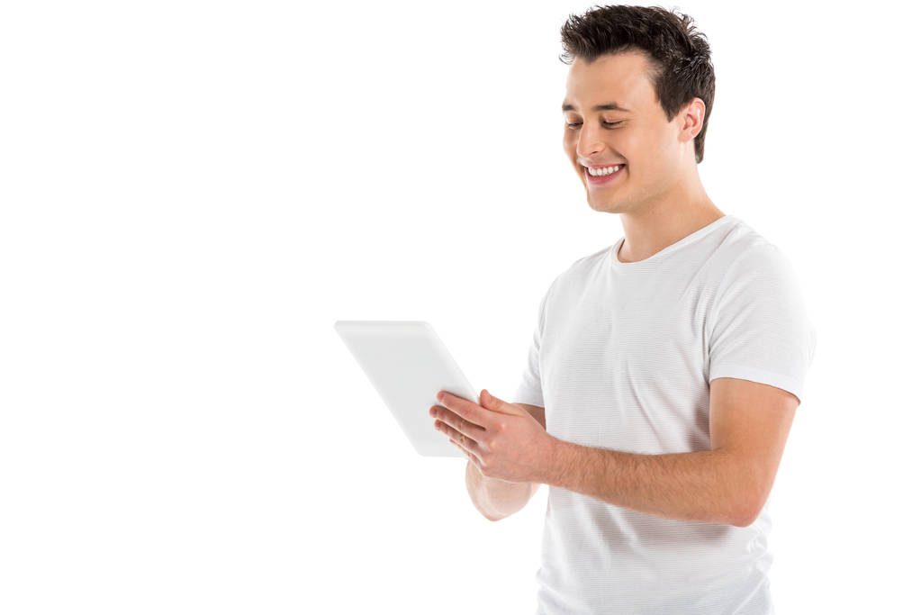 hymyilevä komea mies käyttäen digitaalinen tabletti eristetty valkoinen
 - Valokuva, kuva