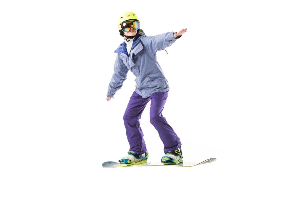 adult woman in ski clothes snowboarding isolated on white - Photo, Image