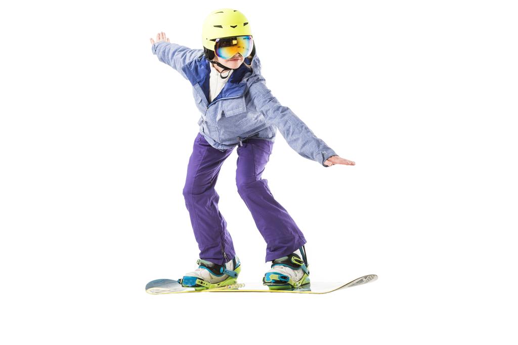 mujer joven en traje de esquí azul snowboard aislado en blanco
 - Foto, Imagen