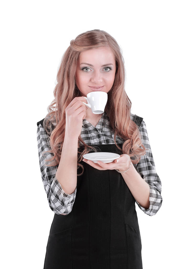 Closeup.Portrait młoda kobieta z filiżanką kawy - Zdjęcie, obraz