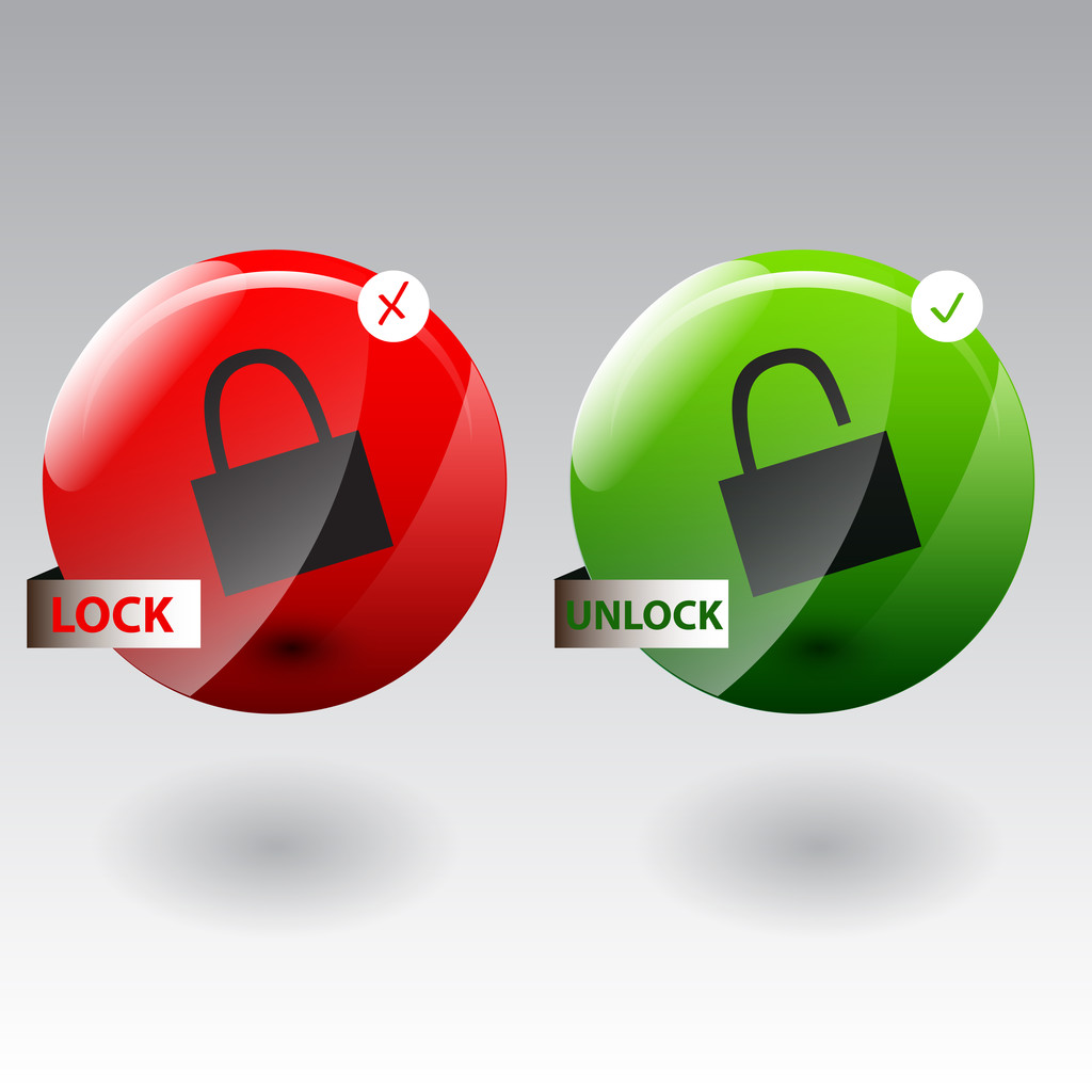 Ilustracja wektorowa koncepcji bezpieczeństwa z blokadą zablokowane i odblokowany pad - Wektor, obraz