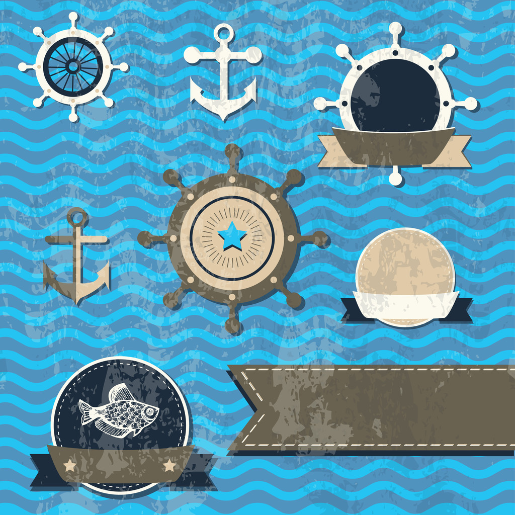 Векторный винтажный набор - Морская фауна, Морские вещи
 - Вектор,изображение