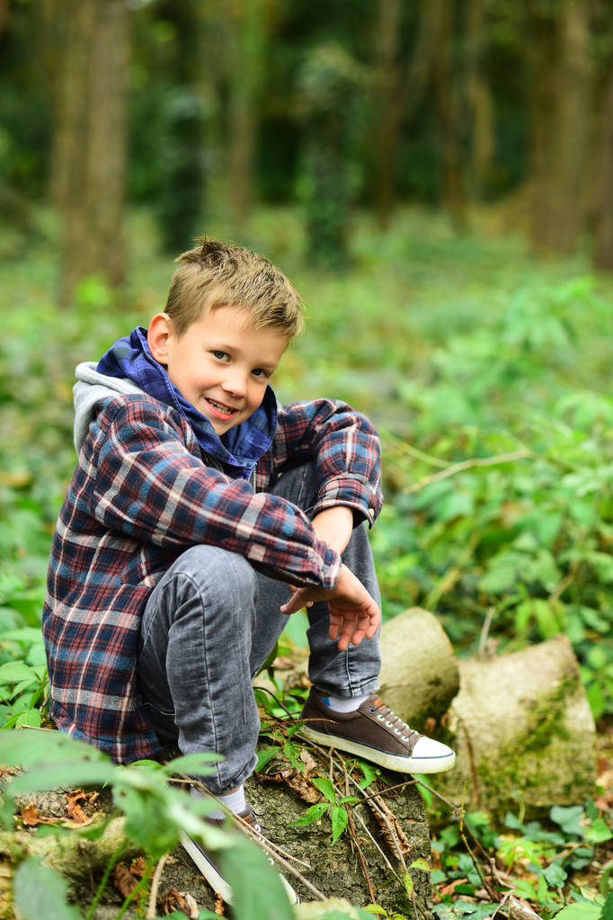 Being like forest, revitalizing and constantly growing. Small boy relax in forest. Small boy on forest scenery. Dont walk in forest alone - Photo, Image