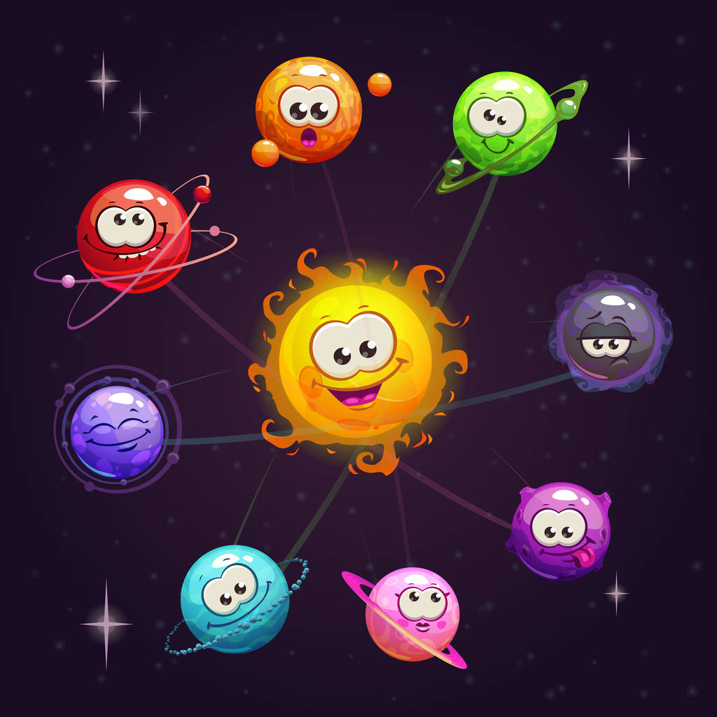 Vicces rajzfilm fantasy Naprendszer karakterekkel színes bolygó és a nap a hely háttérben. - Vektor, kép
