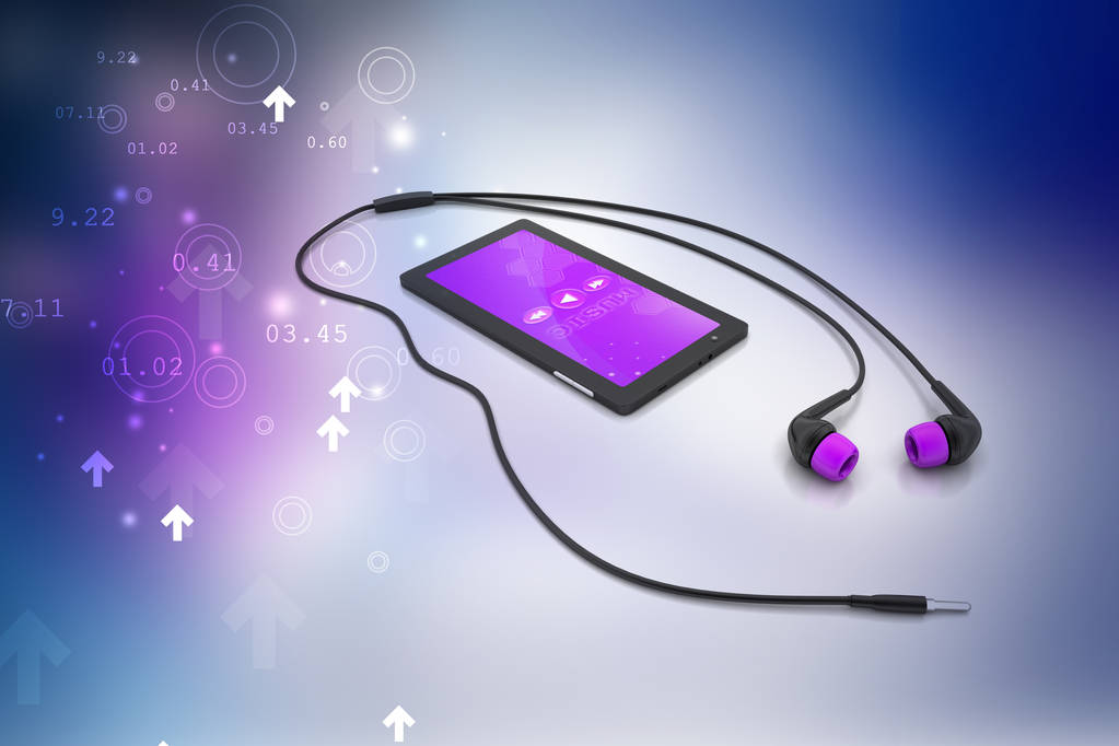 ilustracja 3D multimedialnego smartfona z słuchawkami - Zdjęcie, obraz