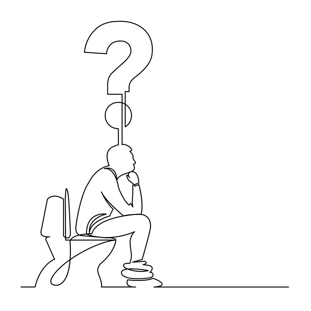 disegno in linea continua di uomo seduto sul sedile del water pensando a una domanda
 - Vettoriali, immagini