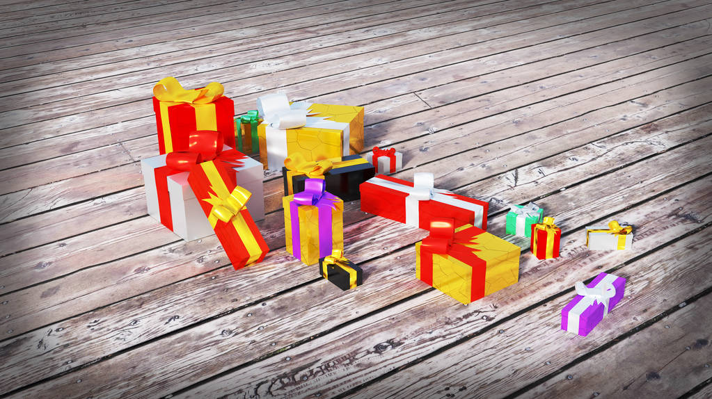 Some Multicolored gifts with few colored and shiny ribbons on a Wood Floor - Photo, Image