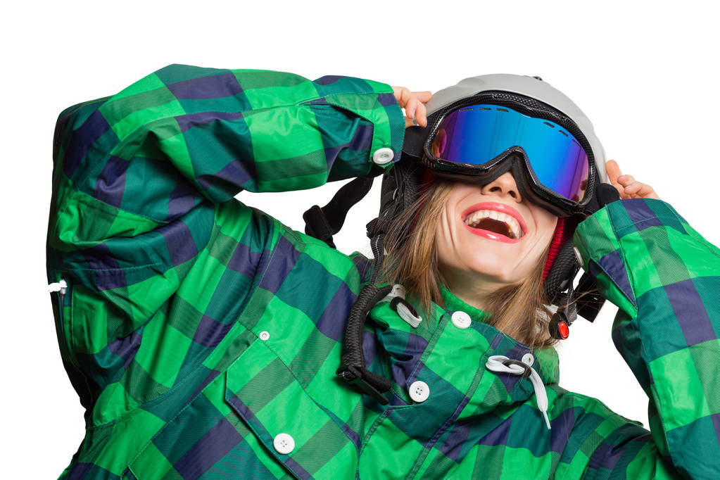 Portret kobiecy Active młody narciarski noszenie odzieży zimowej na białym tle nad białym - Zdjęcie, obraz