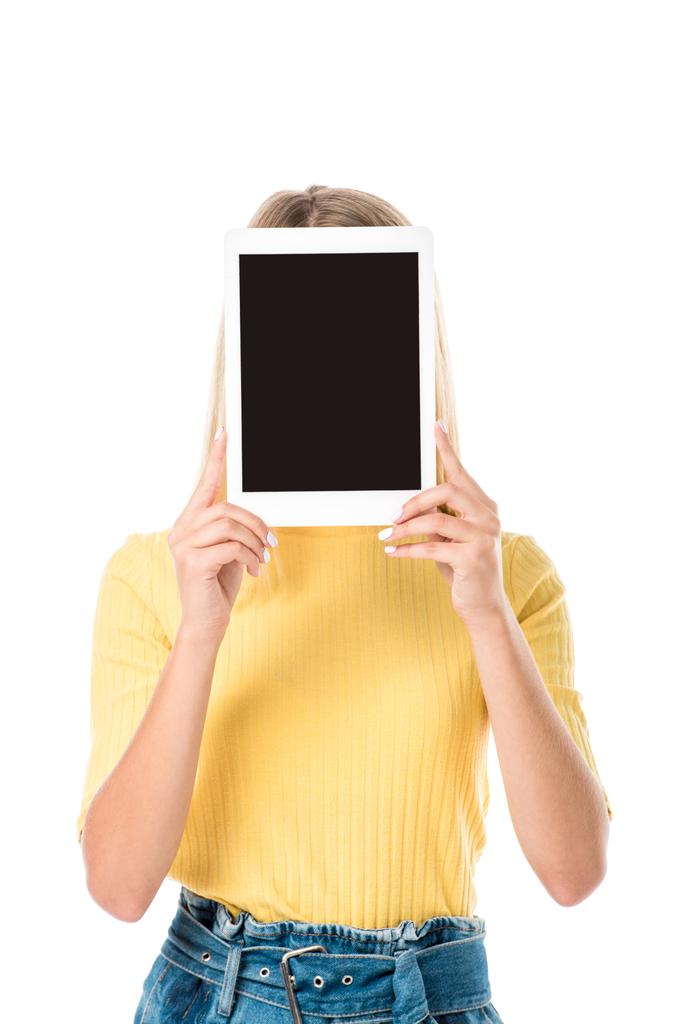 young woman holding digital tablet with blank screen isolated on white - Photo, Image