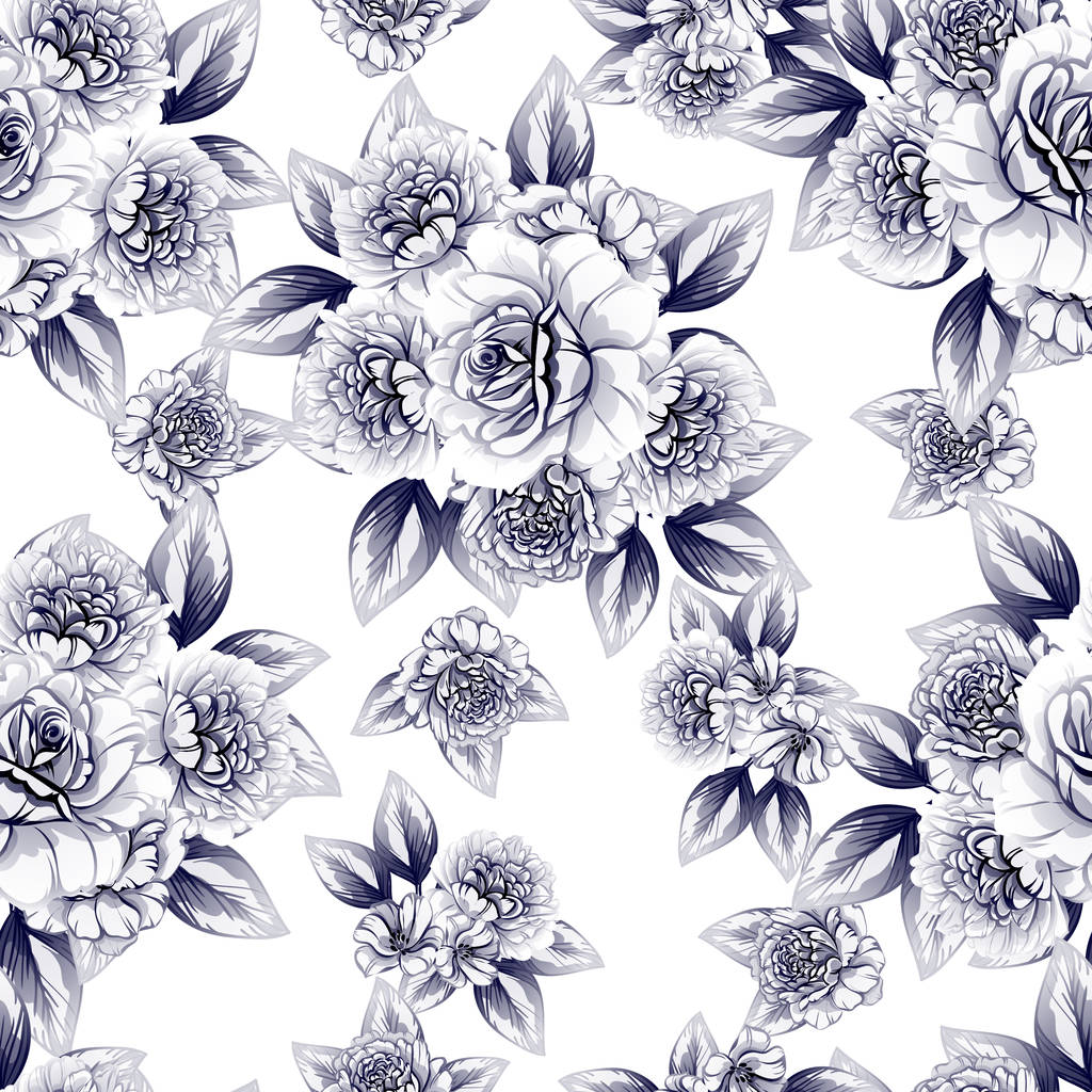 シームレスなビンテージ スタイルの白黒色の花のパターン。花の要素. - ベクター画像