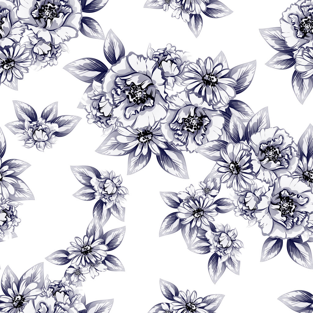 Naadloze vintage stijl zwart-wit gekleurde bloemenpatroon. Floral elementen. - Vector, afbeelding