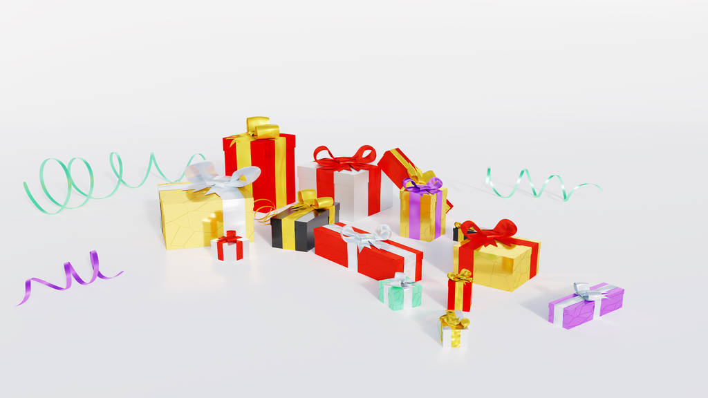 Several Multicolored gifts with colored and shiny ribbons on a white background - Photo, Image