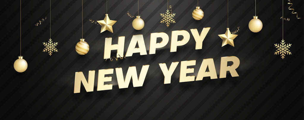 Happy New Year banner with golden 3d Christmas decorations. - Vector, Image