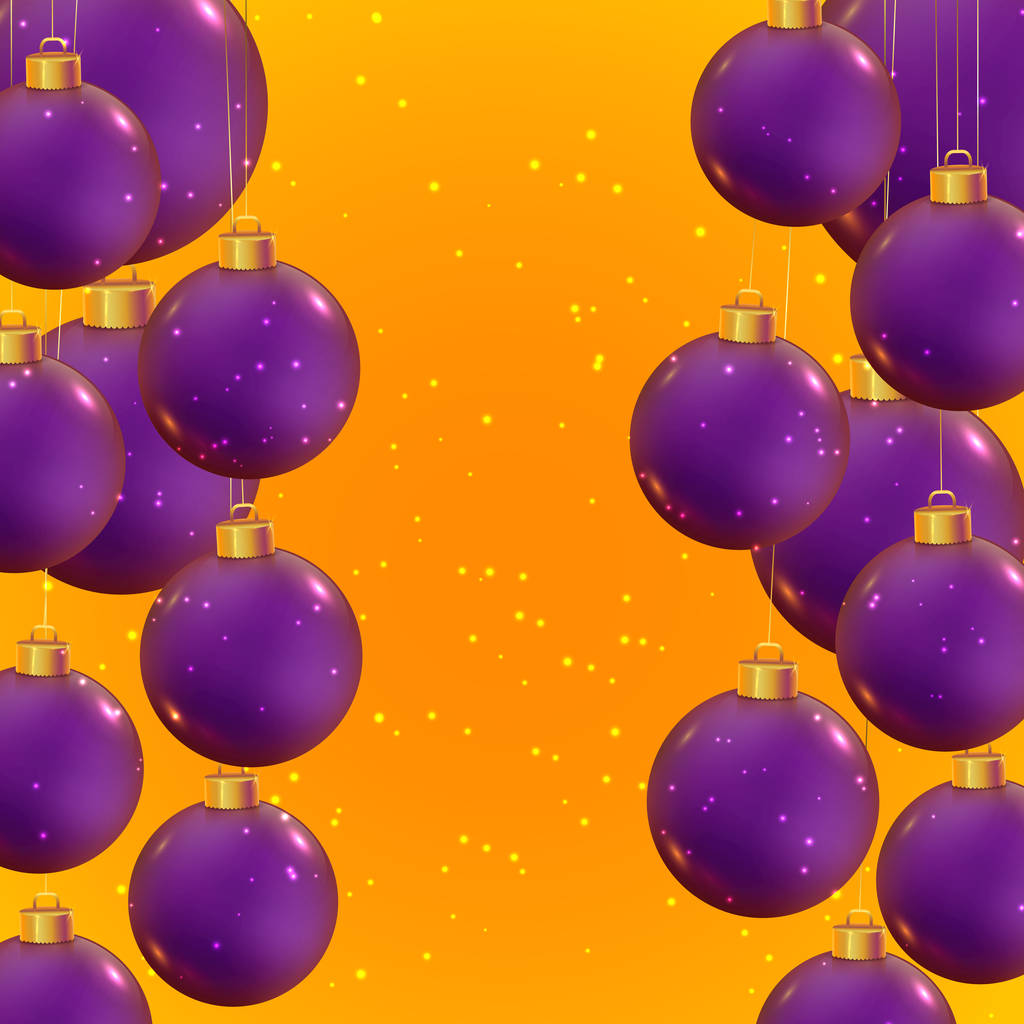 Violet realistic vector shiny Christmas balls on trendy yellow background. Banner for winter holidays and parties. New year flyer design. Christmas template. Beautiful winter ornaments. - Vector, Image