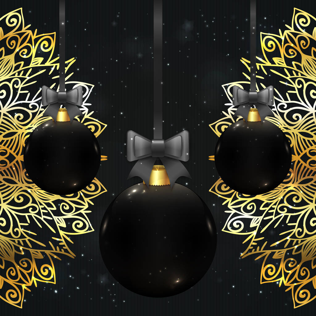 Hermosas bolas de Navidad vector en color negro sobre fondo brillante con arcos, cordones de oro, bokeh y destellos. Diseño elegante y lujoso de tarjeta de felicitación. Banner vintage real para vacaciones de invierno
. - Vector, imagen