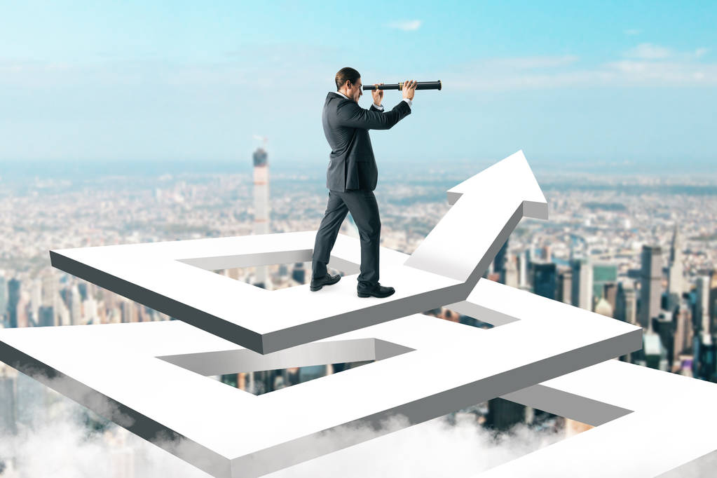 Businessman on abstract white arrow maze using binoculars to look into the distance on city background. Growth and research concept. 3D Rendering - Photo, Image