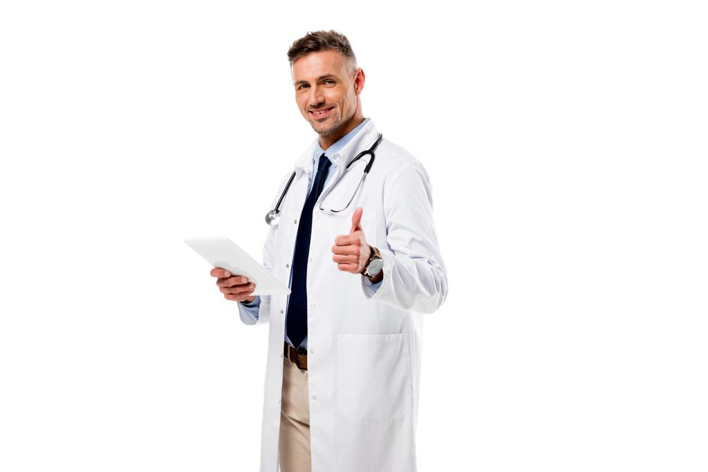 doctor doing thumb up sign and holding digital tablet isolated on white - Photo, Image