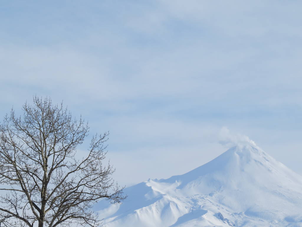 Hermoso paisaje volcánico de invierno de la península de Kamchatka: vista de la erupción activa del volcán Klyuchevskoy al amanecer
. - Foto, imagen