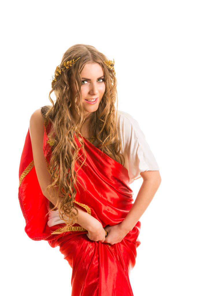 Starożytna bogini w czerwonej togi Grecja na białym tle na białym tle - Zdjęcie, obraz