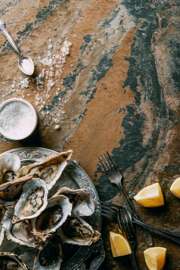 top view of arrangement of oysters and lemon pieces on grungy tabletop - Photo, Image