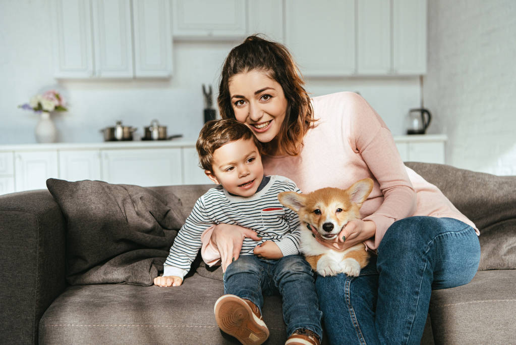 mother and her little son sitting on sofa with corgi puppy at home - Photo, Image