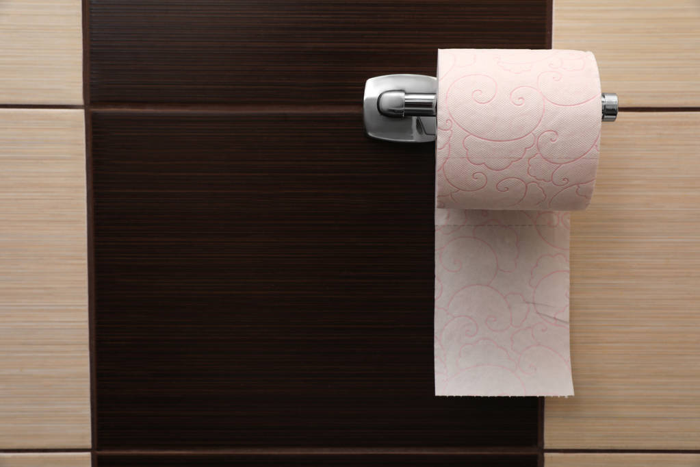 Ο κάτοχος με μαλακό χαρτί τουαλέτας ρολό στο μπάνιο. Χώρο για το κείμενο - Φωτογραφία, εικόνα