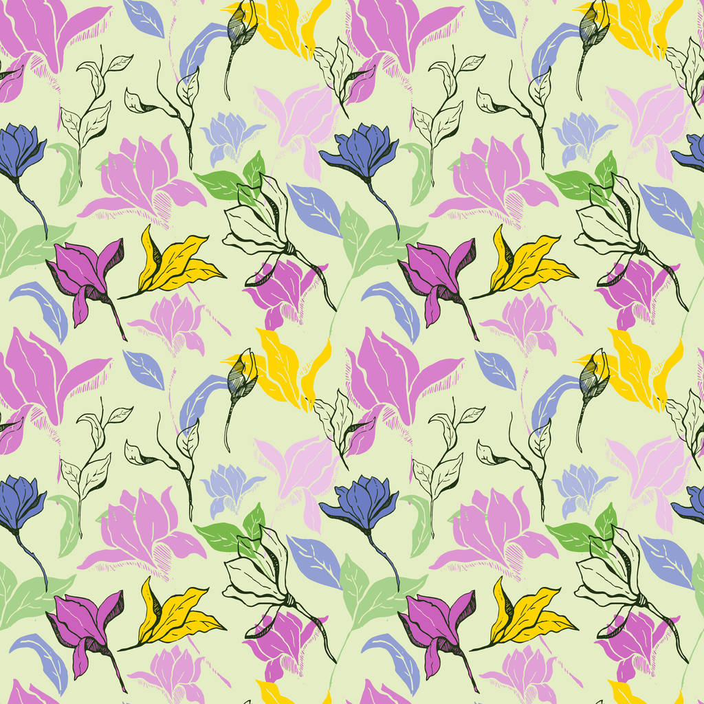 Magnolienblütenskizze mit Tusche von Hand gezeichnet nahtloses Muster - Vektor, Bild