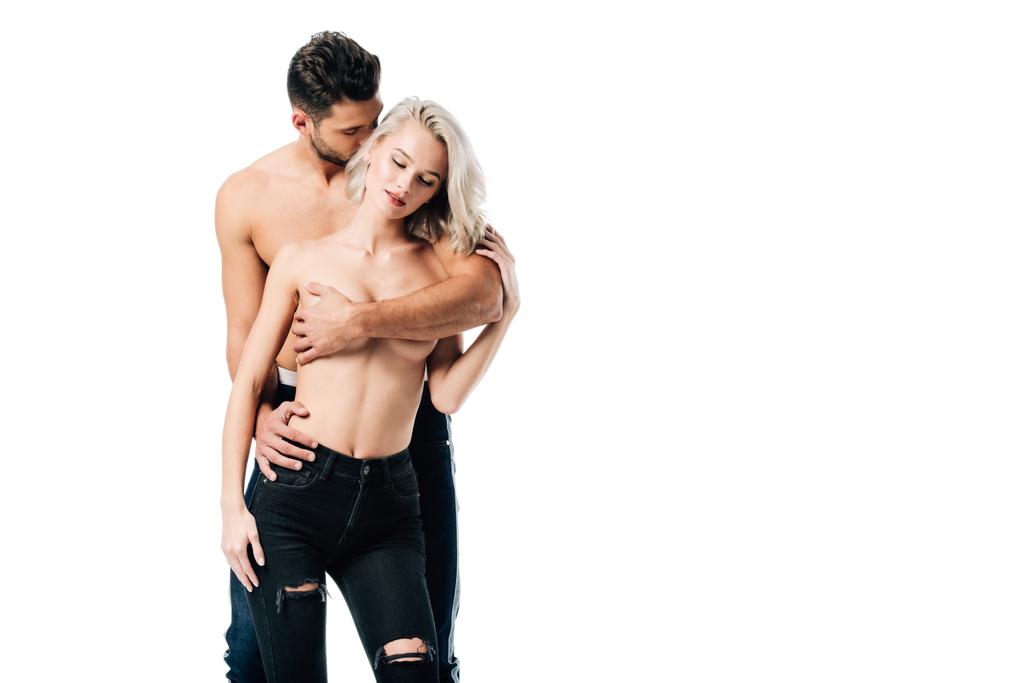 man holding attractive topless woman in passionate embrace isolated on white - Photo, Image