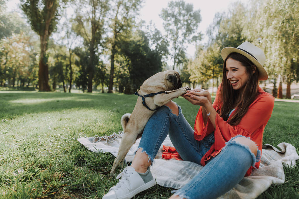 Jonge vrouw is zittend op een plaid en haar hond voeden - Foto, afbeelding