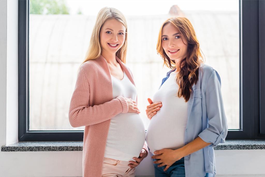 uśmiechający się kobiety w ciąży, stojący w pobliżu okna i patrząc na kamery  - Zdjęcie, obraz