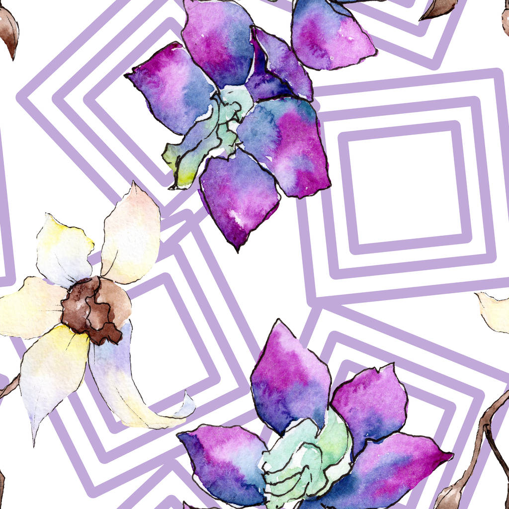 Purple and white orchid flowers. Seamless background pattern. Fabric wallpaper print texture. Watercolor background illustration. - Photo, Image