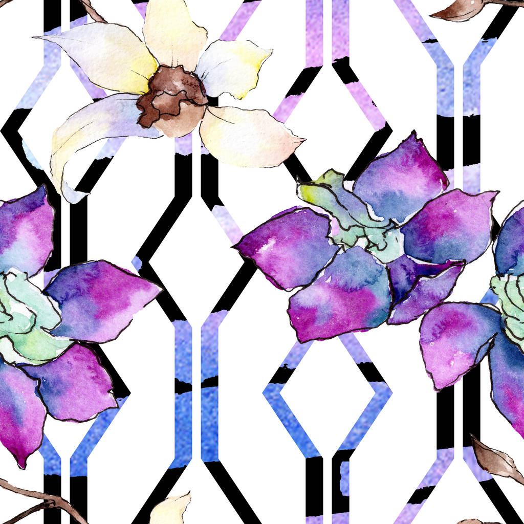Flores de orquídea púrpura y blanca. Patrón de fondo sin costuras. Textura de impresión de papel tapiz de tela. Ilustración fondo acuarela
. - Foto, imagen
