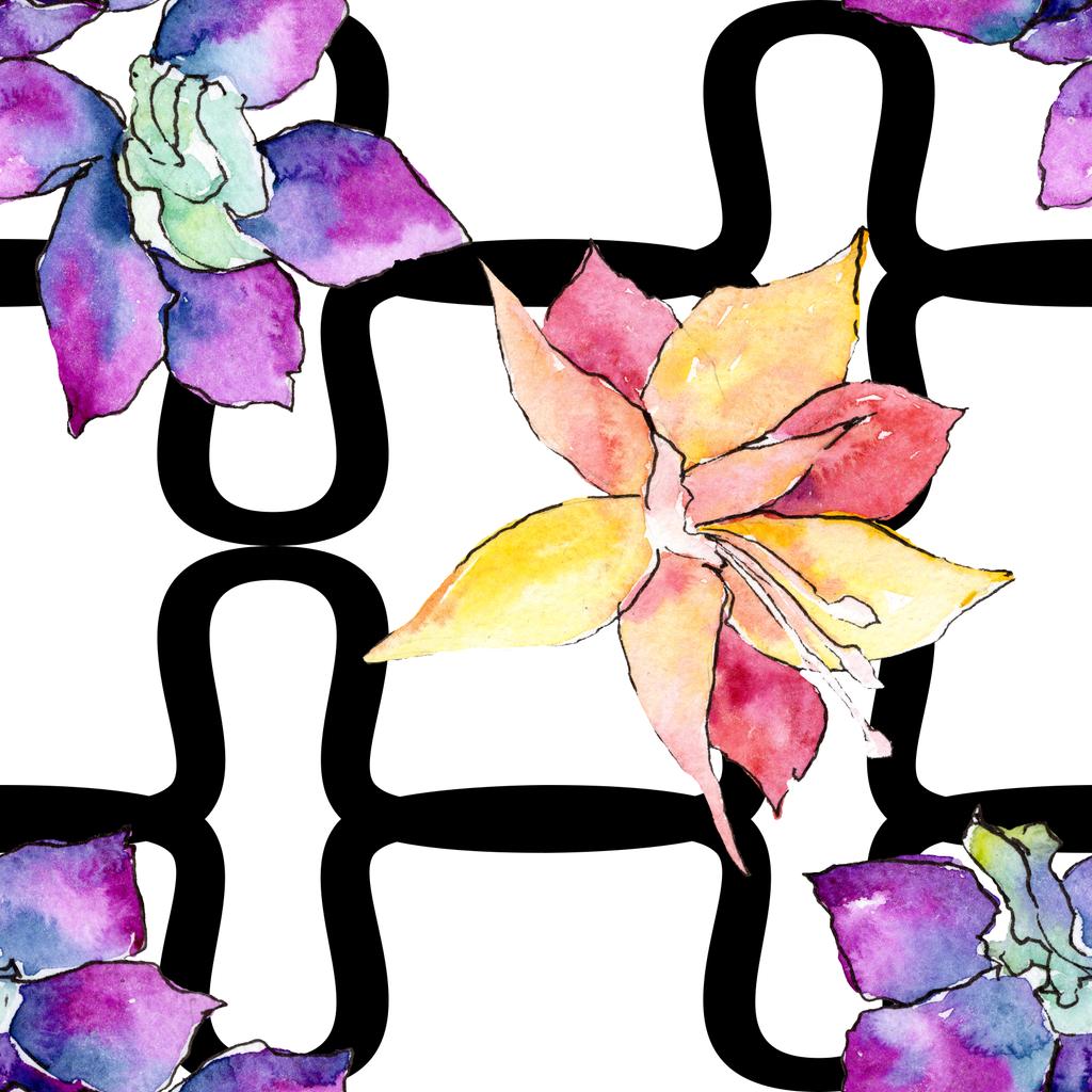 violette und gelbe Orchideenblüten. nahtlose Hintergrundmuster. Textur für Stofftapeten. Aquarell Hintergrundillustration. - Foto, Bild