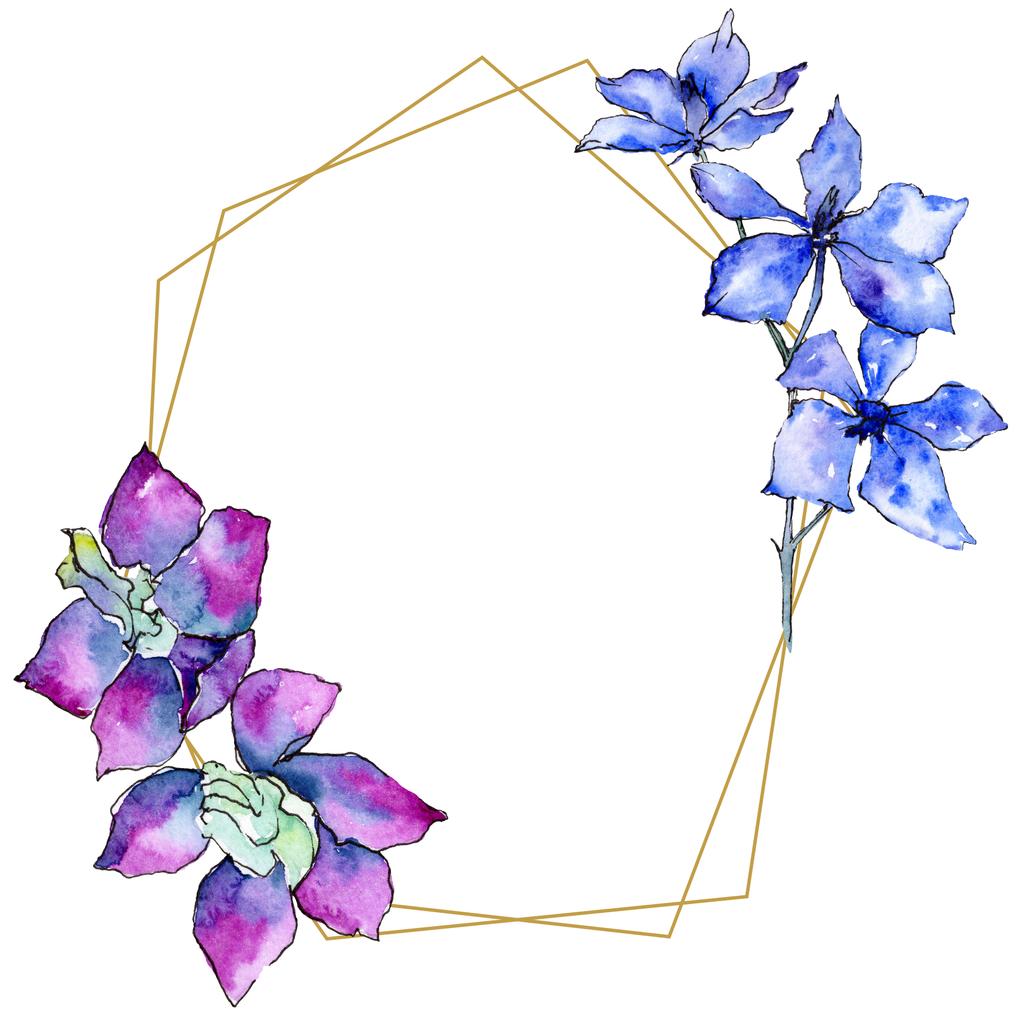 紫の蘭の花。水彩画背景イラスト。花と黄金の多角形フレーム。幾何学多面体結晶形. - 写真・画像