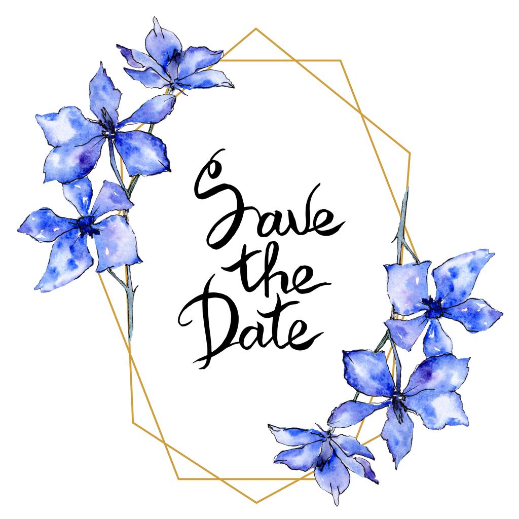 Purple orchid flowers. Save the Date handwriting monogram calligraphy. Watercolor background. Golden polygonal frame. Geometric polyhedron crystal shape. - Photo, Image