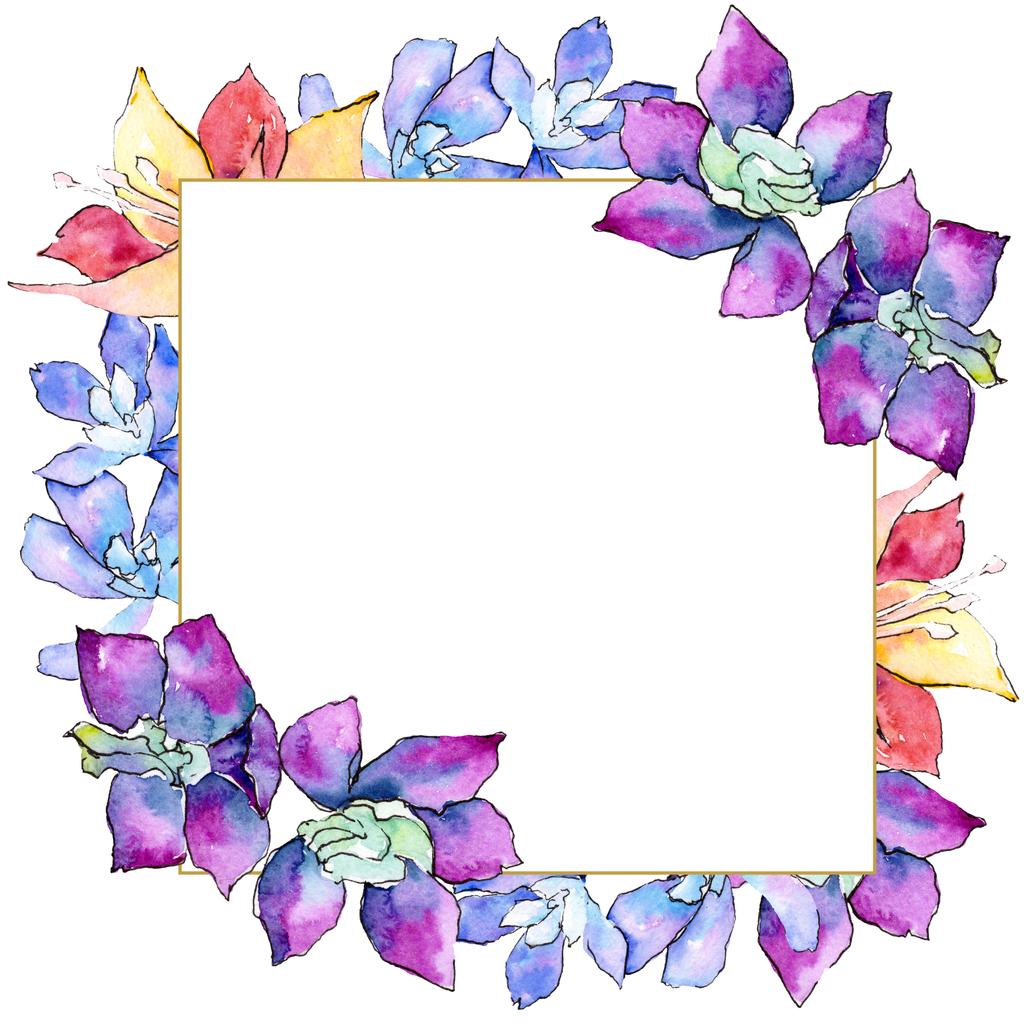 Purple, yellow and white orchid flowers. Watercolor background illustration. Golden frame border with floral ornament square. - Photo, Image