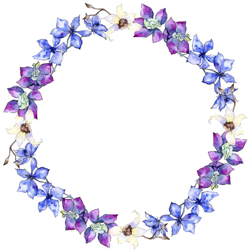 Flores de orquídea púrpura y blanca. Ilustración de fondo acuarela. Marco borde ornamento corona
. - Foto, Imagen