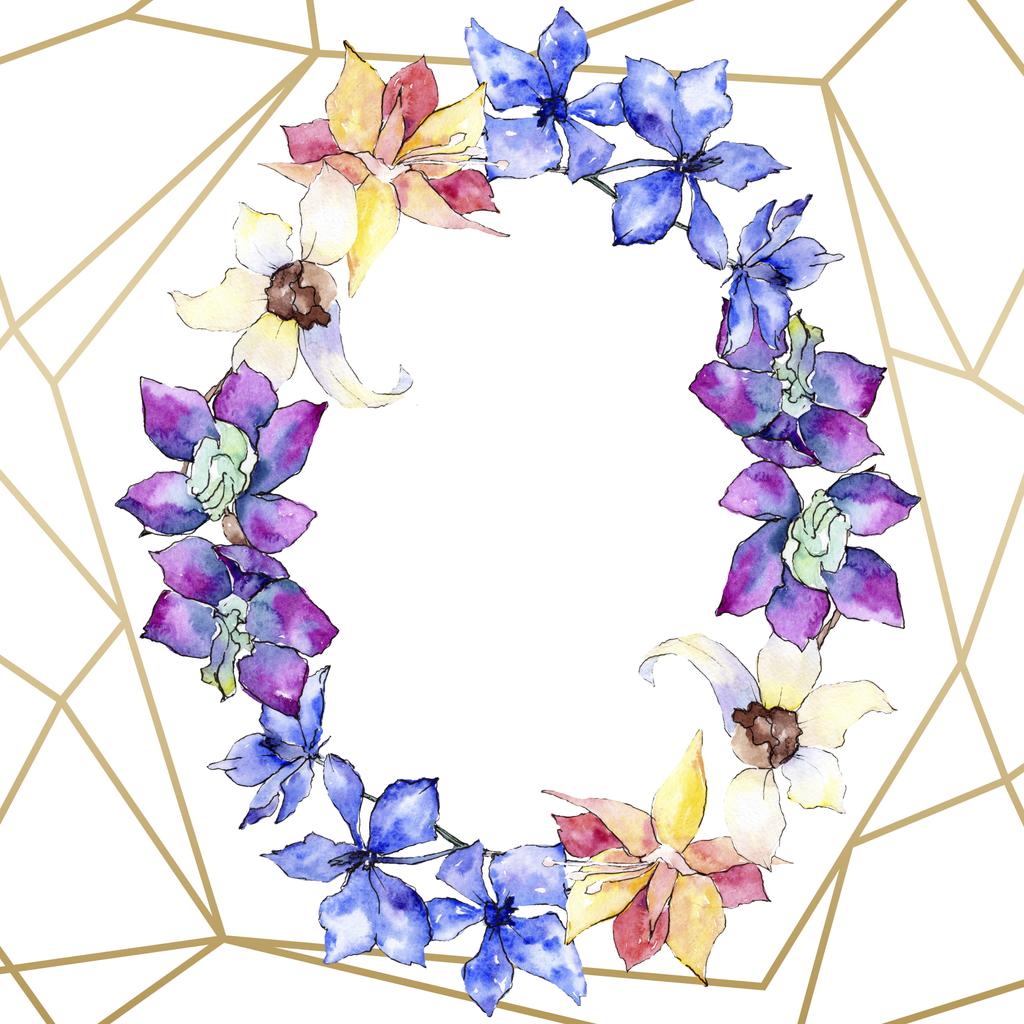 Flores de orquídea púrpura, amarilla y blanca. Ilustración de fondo acuarela. Marco poligonal dorado con flores. Forma geométrica de cristal de poliedro
. - Foto, imagen