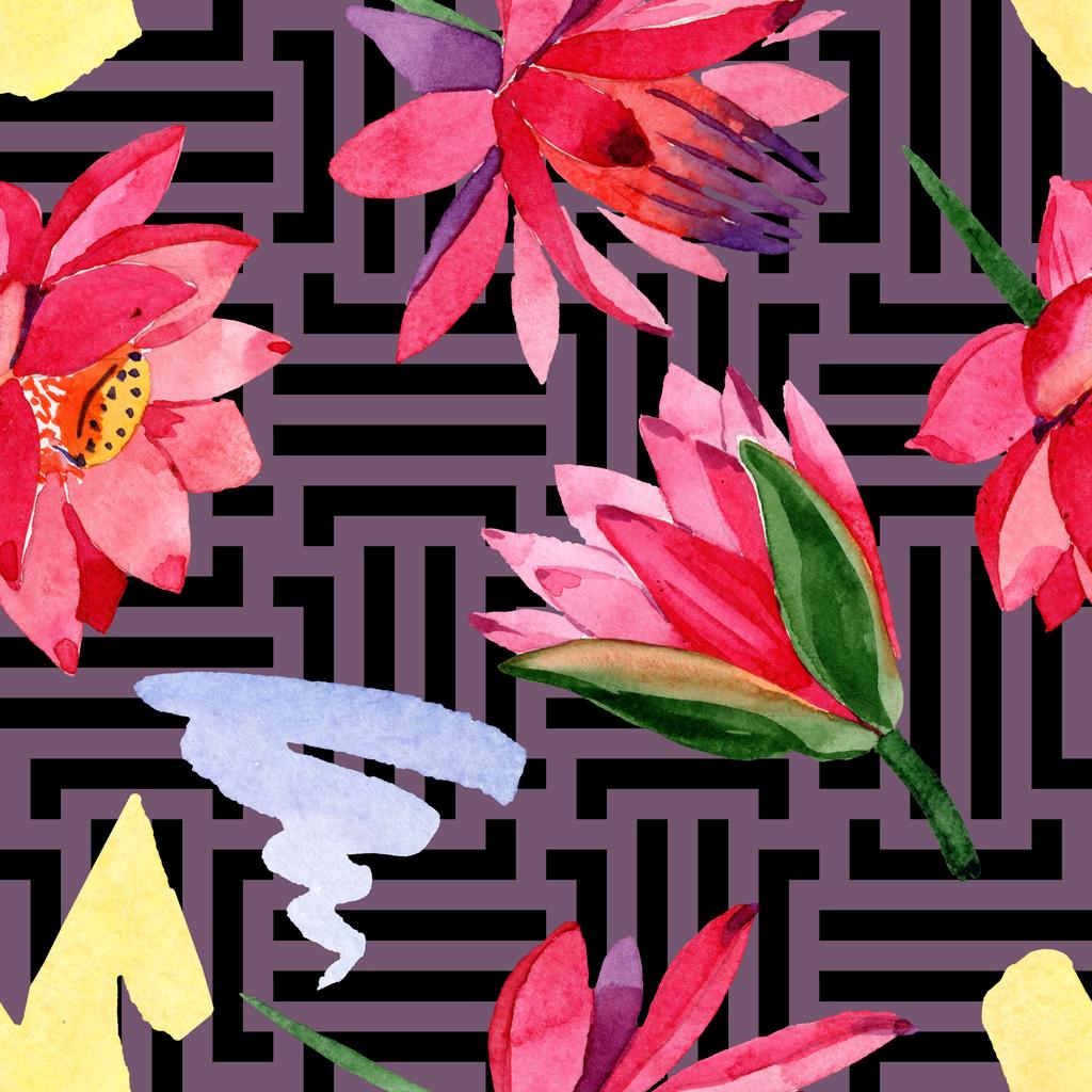 Κόκκινο lotus λουλούδια. Ακουαρέλα φόντο εικόνα. Απρόσκοπτη υπόβαθρο μοτίβο. Ύφασμα ταπετσαρία υφή. - Φωτογραφία, εικόνα