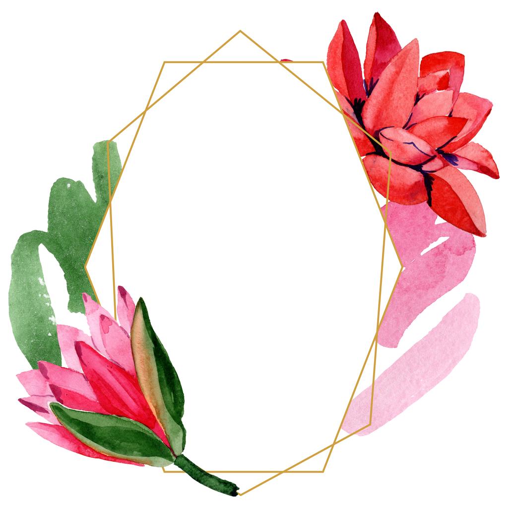 Red lotus flowers. Watercolor background illustration. Frame border golden crystal. Hand drawn in aquarell. Geometric polygon mosaic shape. - Photo, Image