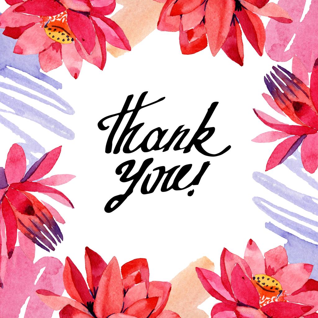 赤い蓮の花 手書きモノグラム 書道 ありがとうございます 水彩画背景イラスト フレームの境界線の花飾り 手描き Aquarell で ロイヤリティフリー写真 画像素材