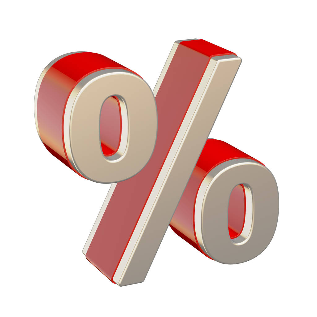Percentage teken met rood glas en metalen shell geïsoleerd op witte achtergrond - Foto, afbeelding