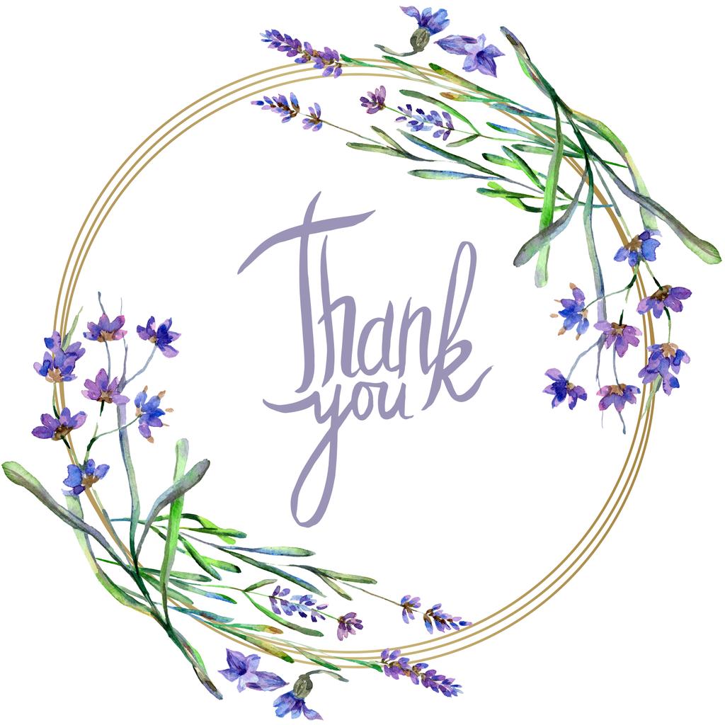 紫のラベンダーの花 手書きモノグラム 書道 ありがとうございます 野生のばねを葉します 水彩画背景イラスト ラウンド フレームの枠線 ロイヤリティ フリー写真 画像素材